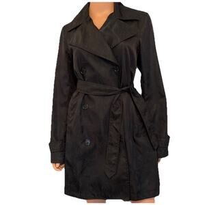 Lauren Ralph Lauren Double Breasted Mid Length Trench Coat Black Jacquard Sz M